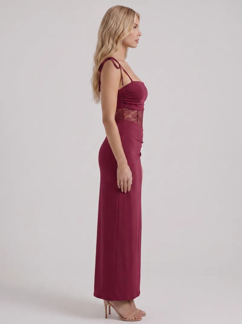 Maren Lace Panel Bodycon Maxi Dress - Burgundy