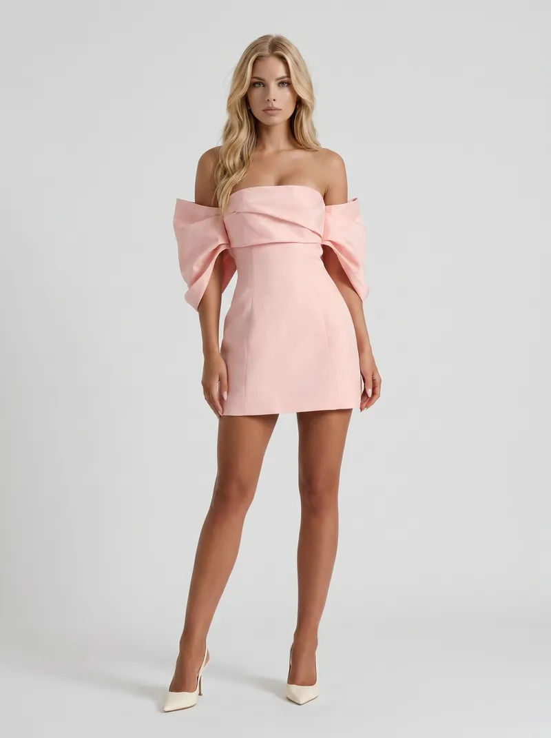 Daisy Off Shoulder Fold Over Mini Dress - Blush