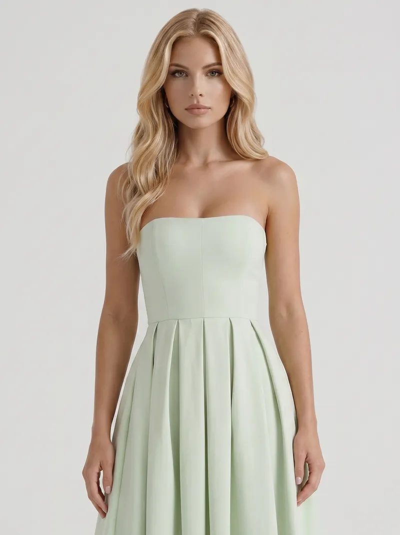 Audrey Strapless Pleated A Line Midi Dress - Mint