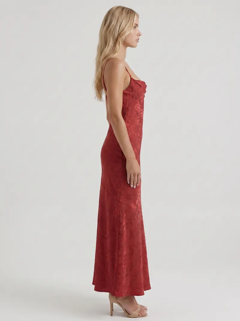Aria Cowl Neck Textured Satin Bodycon Maxi Dress - Red