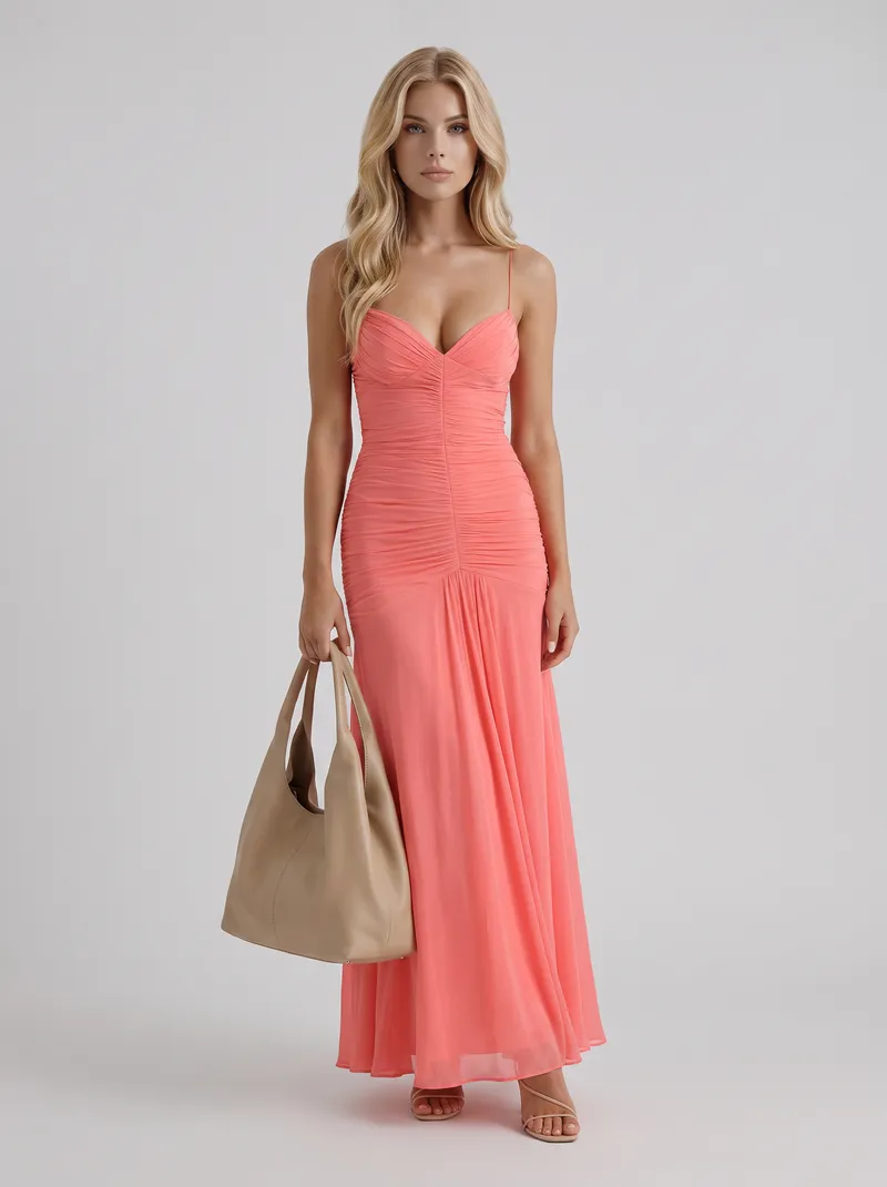 Delilah Mesh Maxi Dress - Coral