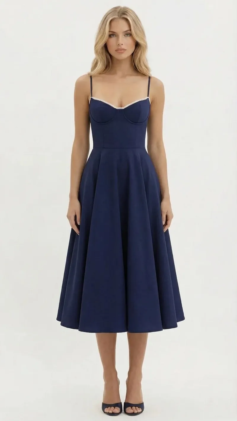 Selene Sweetheart Midi Dress - Navy