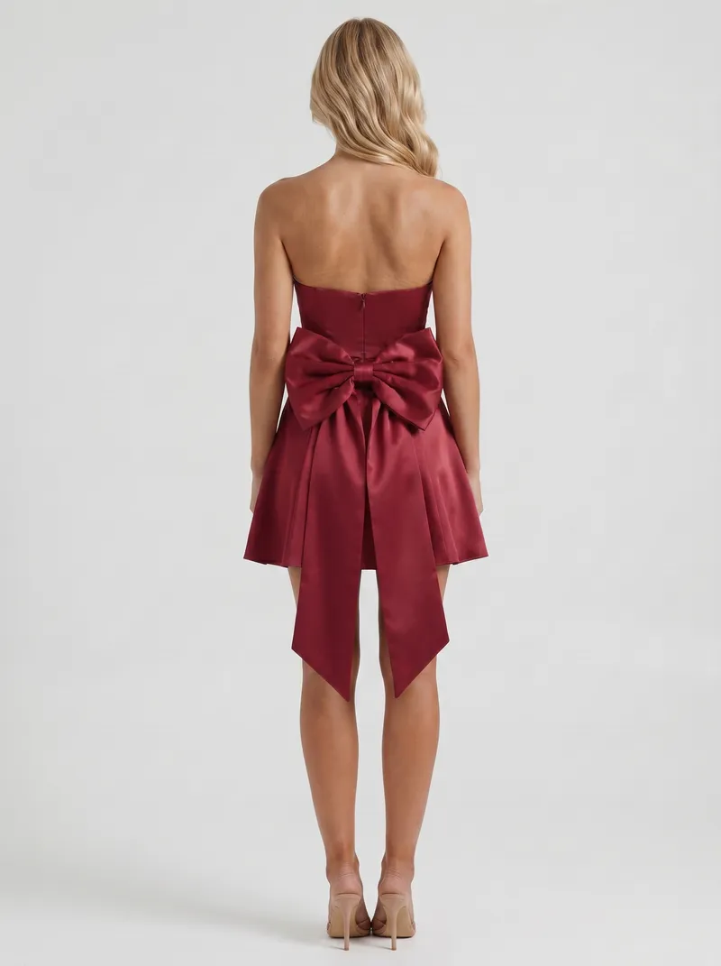 Celine Strapless Side Bow Satin Mini Dress - Burgundy