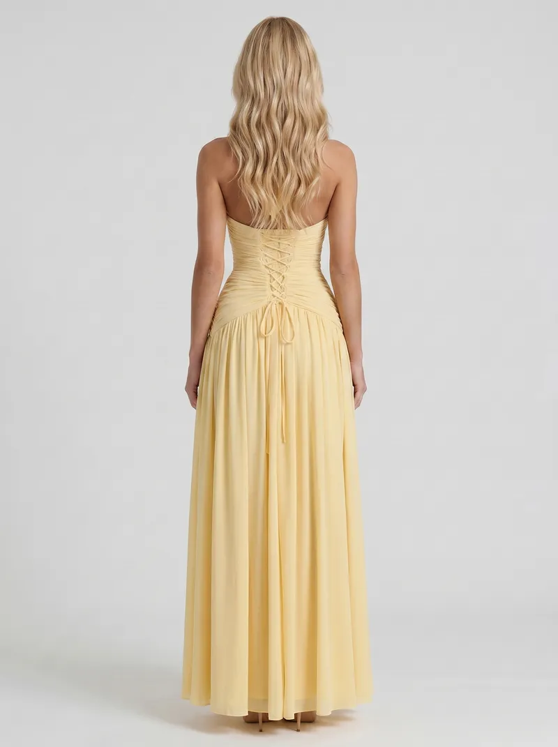 Vera Plunge V Halter Ruched Maxi Dress - Lemon