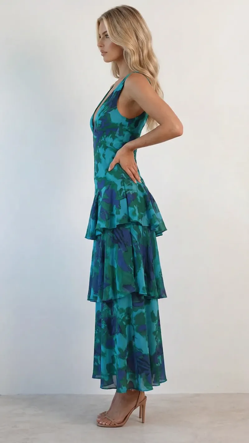 Penelope Ruffle Maxi Dress - Turquoise