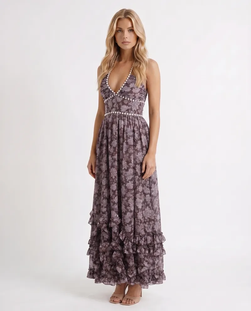 Bianca Ruffle Maxi Dress - Midnight Bloom