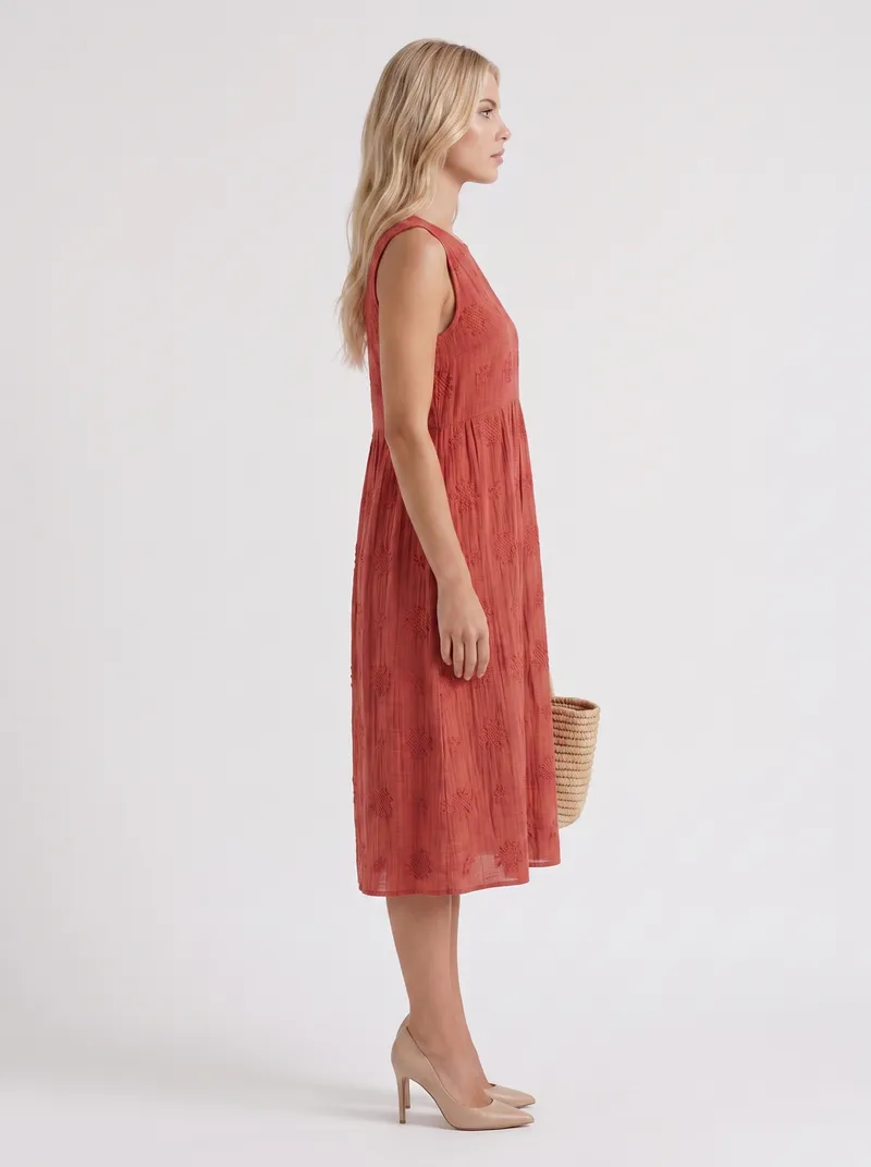 Elin Embroidered Midi Dress - Red