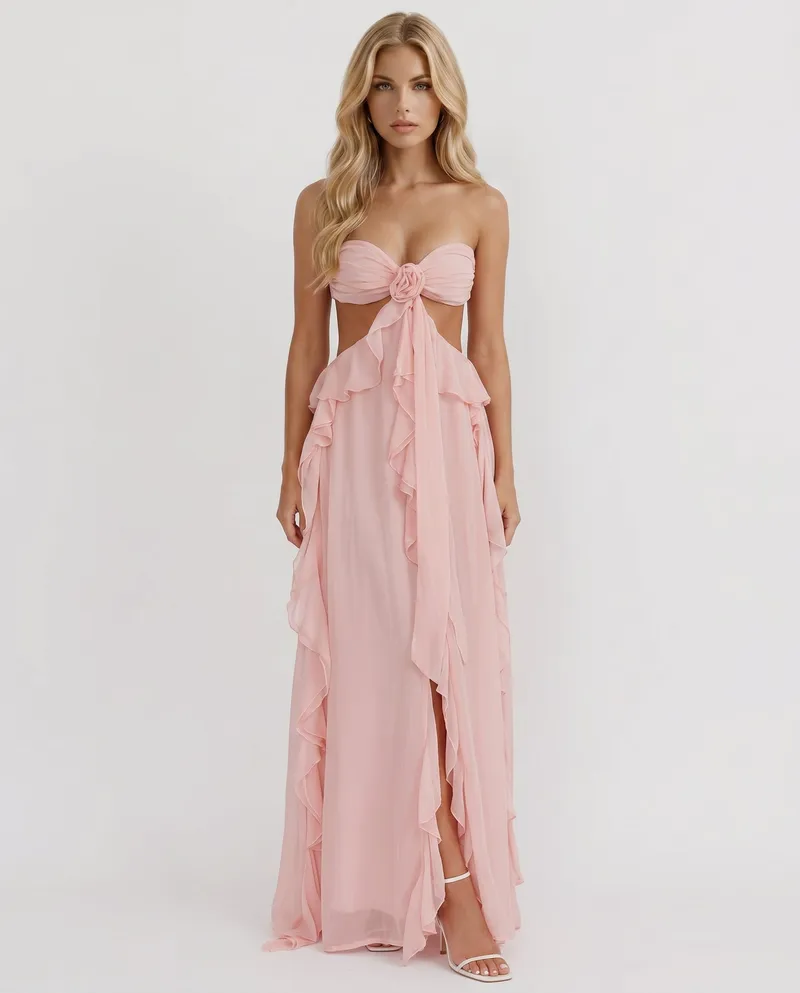 Roselyn Floral Ruffle Cutout Maxi Dress - Pink