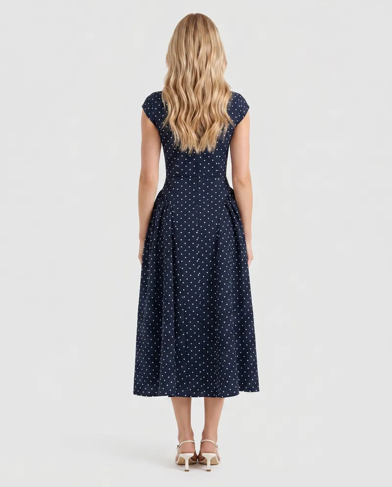 Greer Polka Dot Midi Dress - Navy