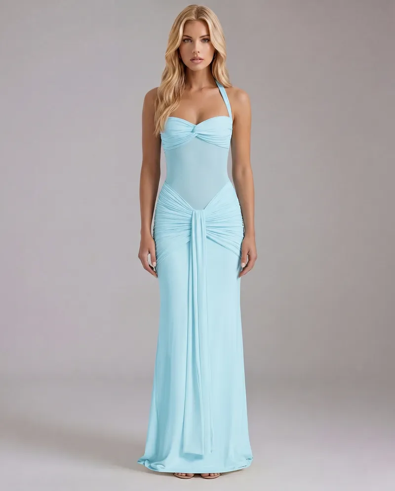 Victoria Ruched Maxi Dress - Blue