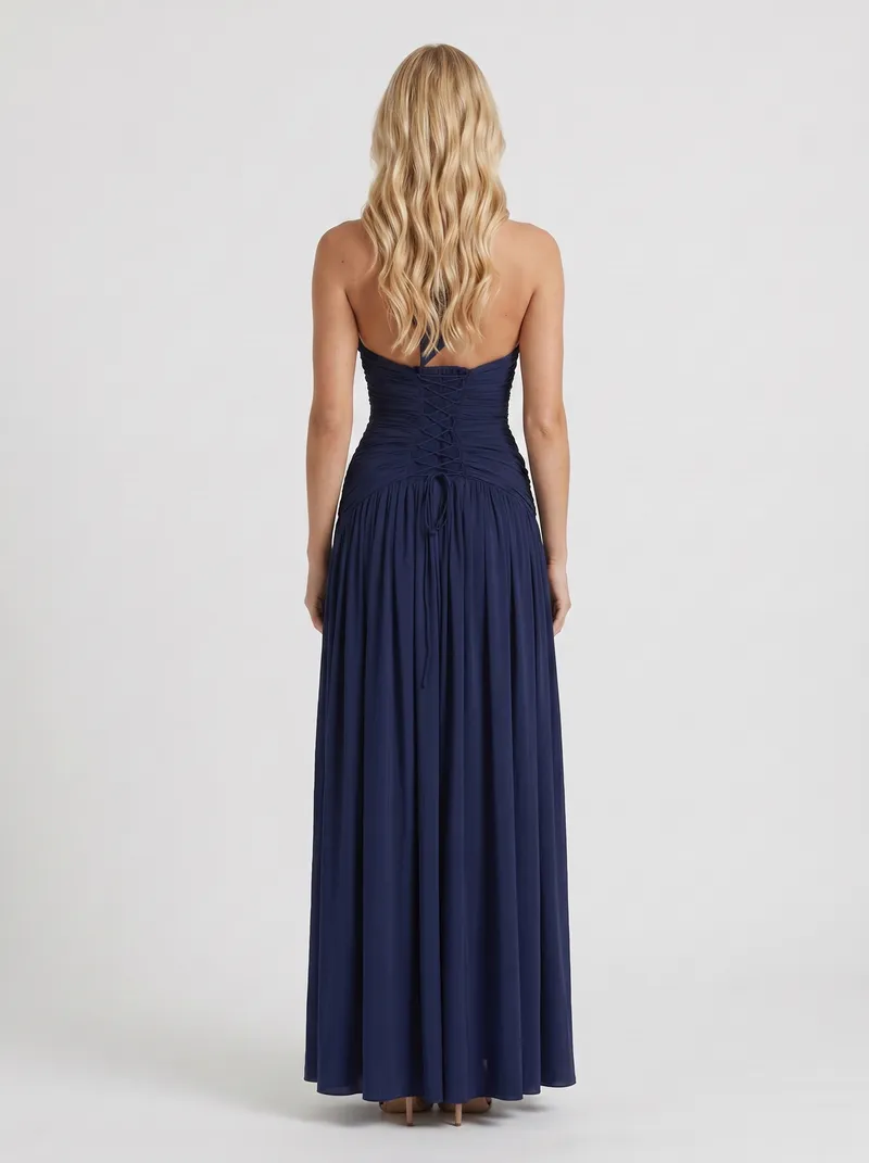 Vera Plunge V Halter Ruched Maxi Dress - Navy