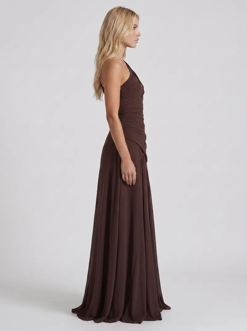 Delphine One Shoulder Ruched Mesh Maxi Dress - Plum Brown