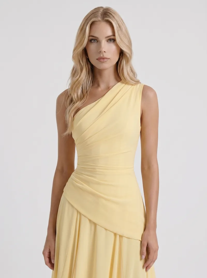 Delphine One Shoulder Ruched Mesh Maxi Dress - Lemon