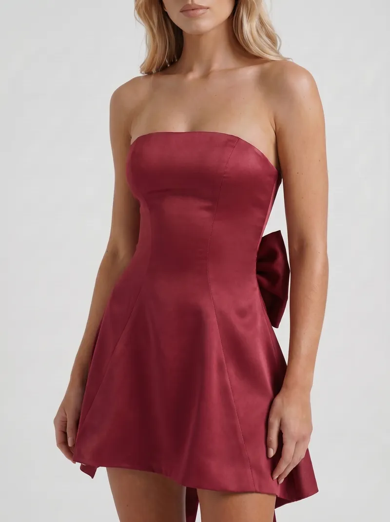 Celine Strapless Side Bow Satin Mini Dress - Burgundy