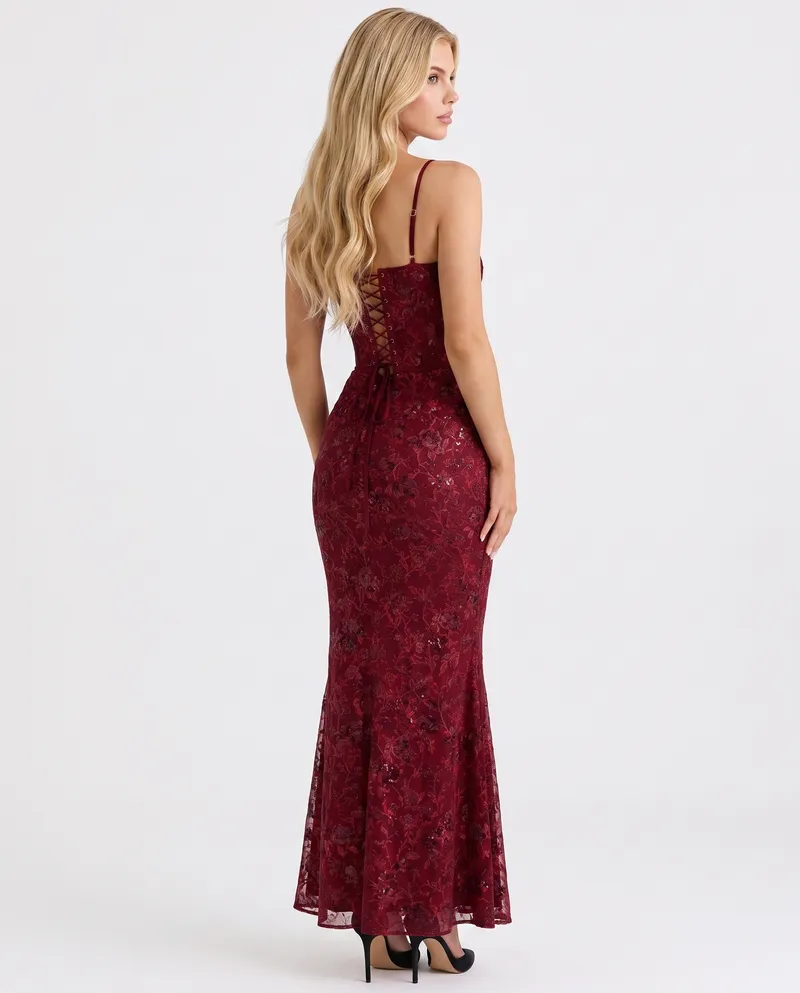 Naima Floral Lace Corset Maxi Dress - Burgundy