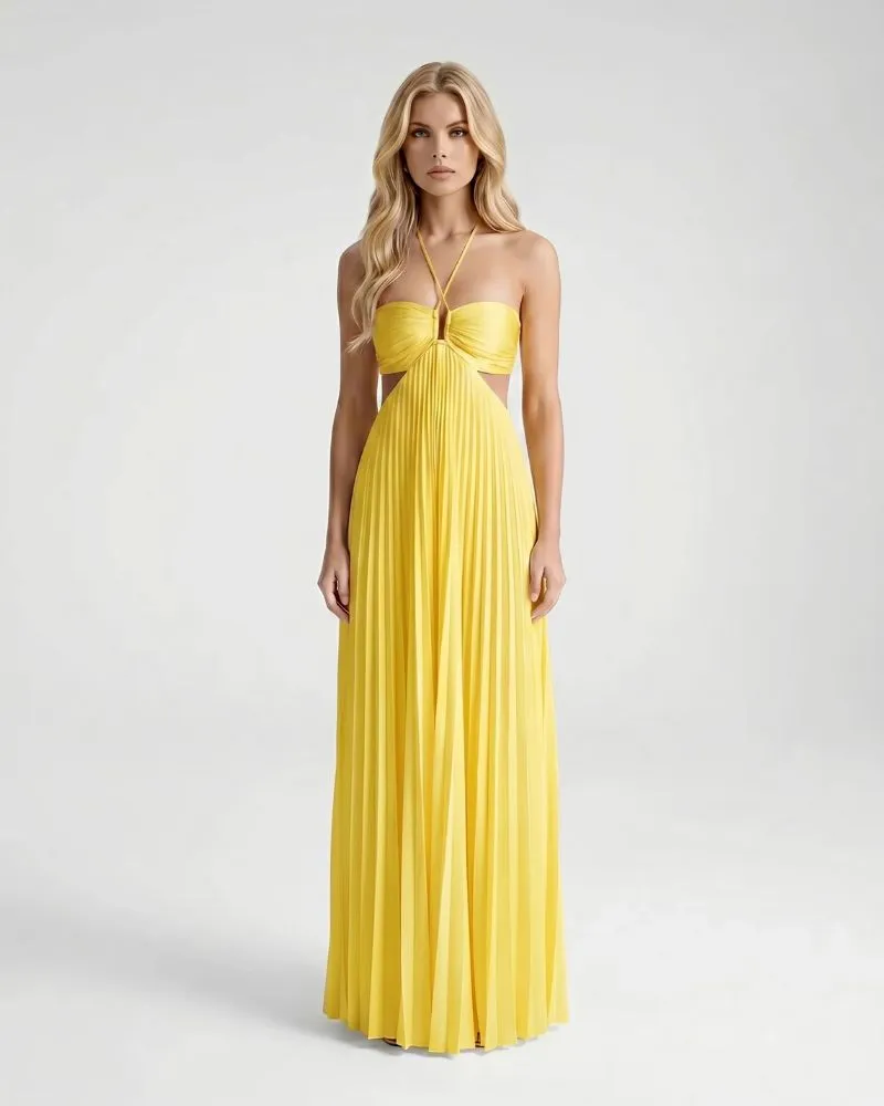 Aurora Pleated Cutout Maxi Dress - Yellow