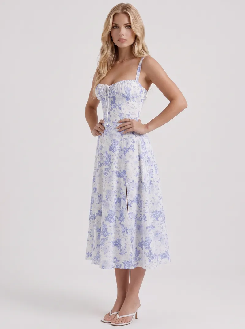 Sabine Toile Print Puff Sleeve Midi Dress - Light Blue