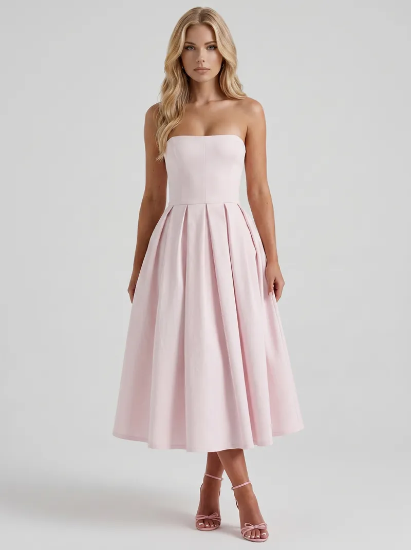 Audrey Strapless Pleated A Line Midi Dress - Blush
