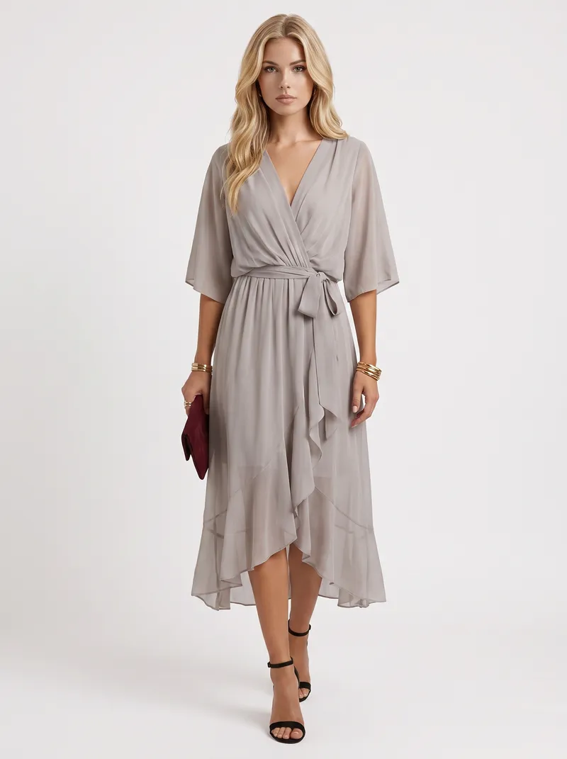 Lucienne Wrap Midi Dress - Grey