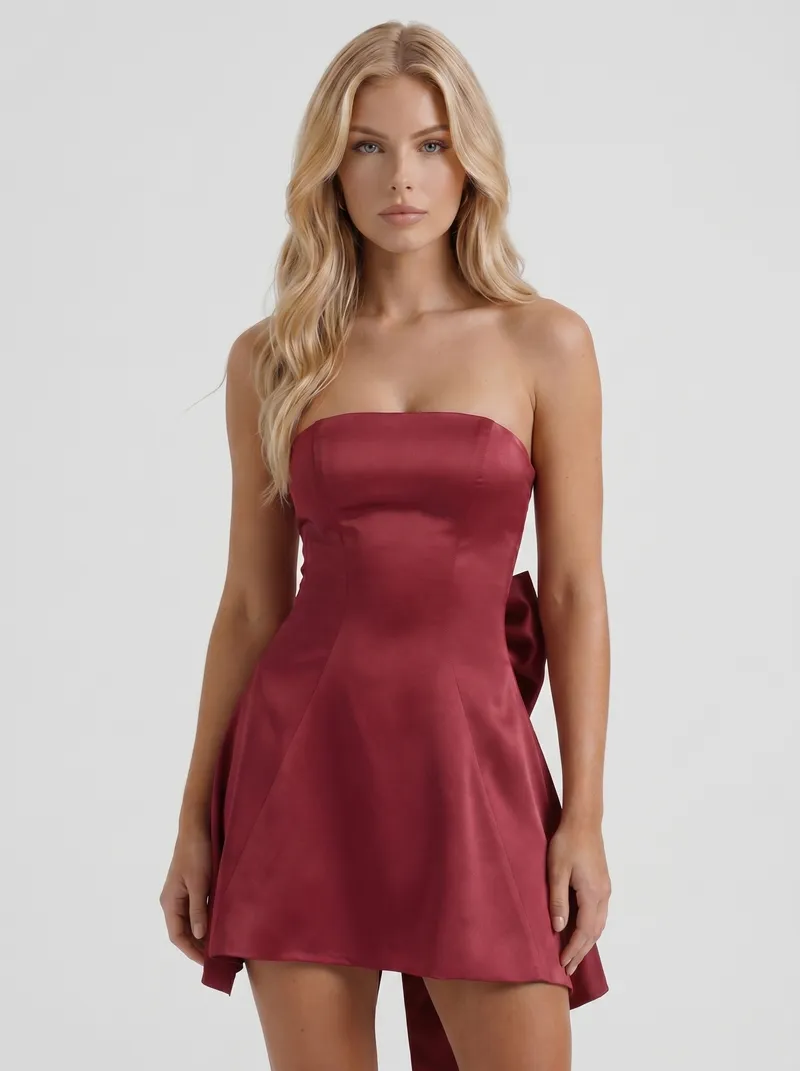 Celine Strapless Side Bow Satin Mini Dress - Burgundy
