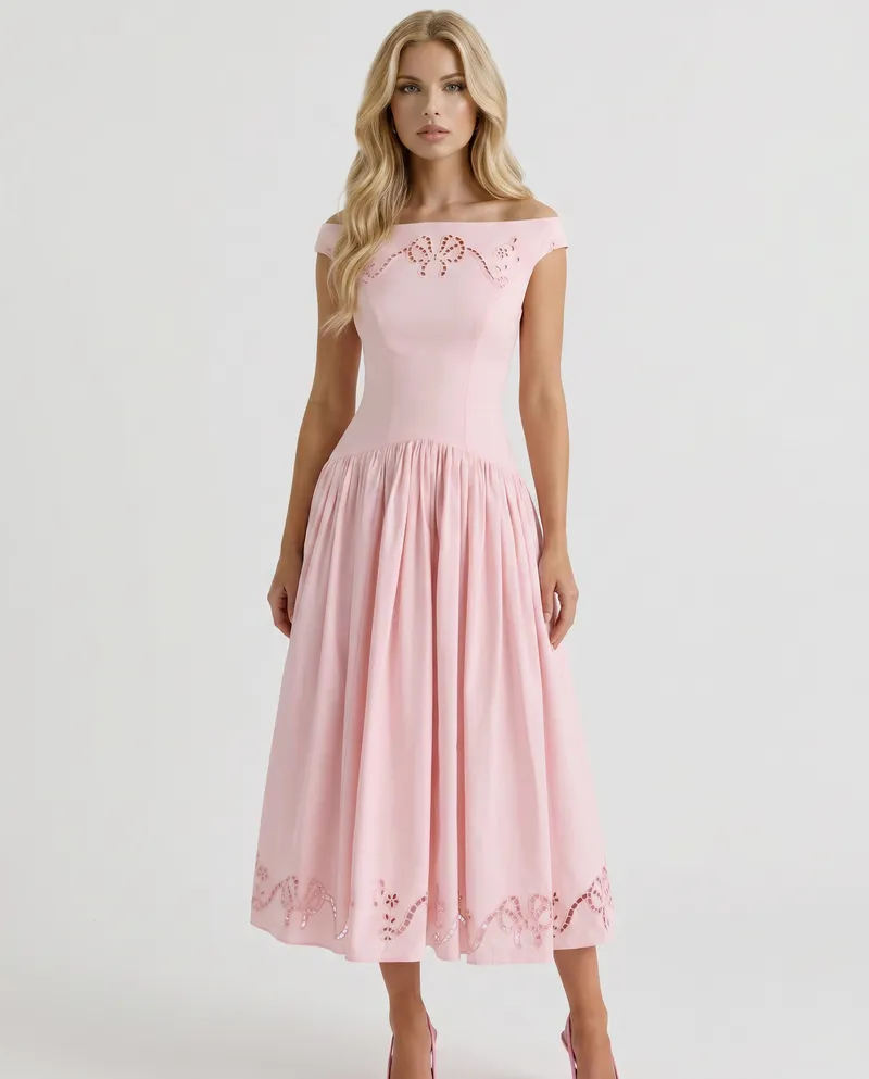 Delfina Boat Neck Eyelet Midi Dress - Pink
