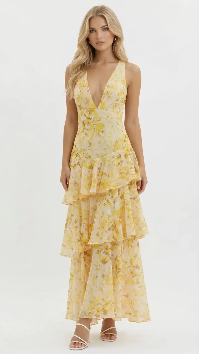Penelope Ruffle Maxi Dress - Yellow