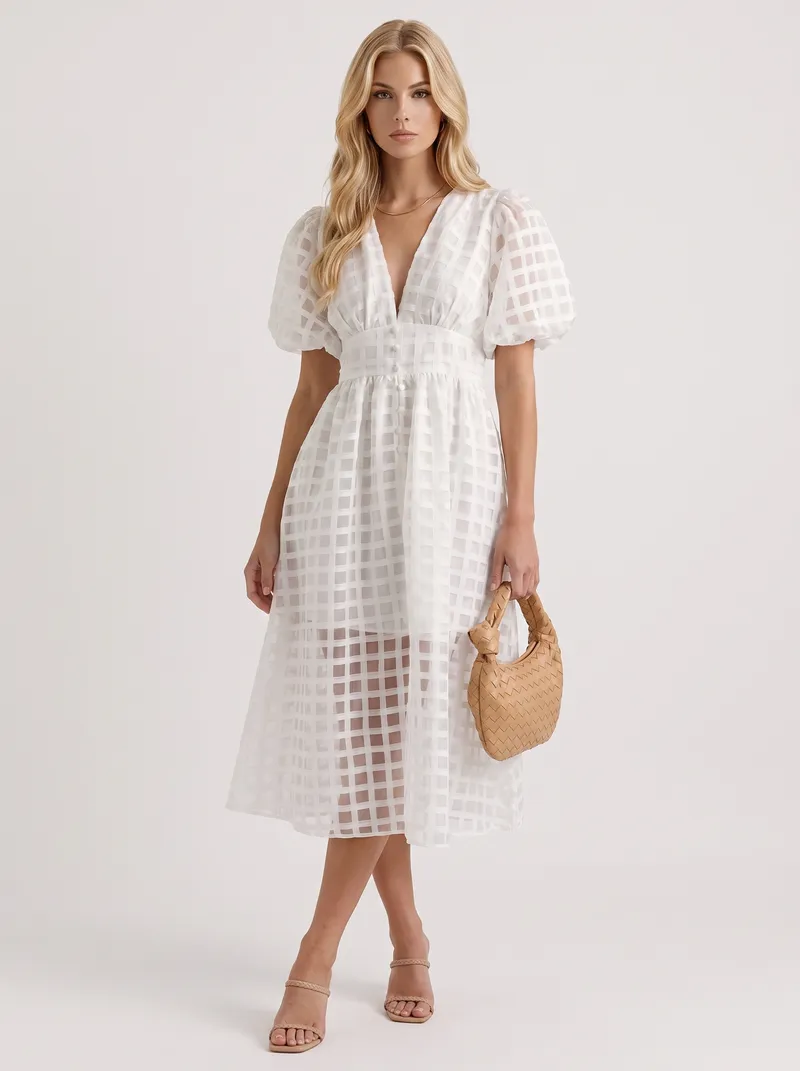 Colette Windowpane Midi Dress - White