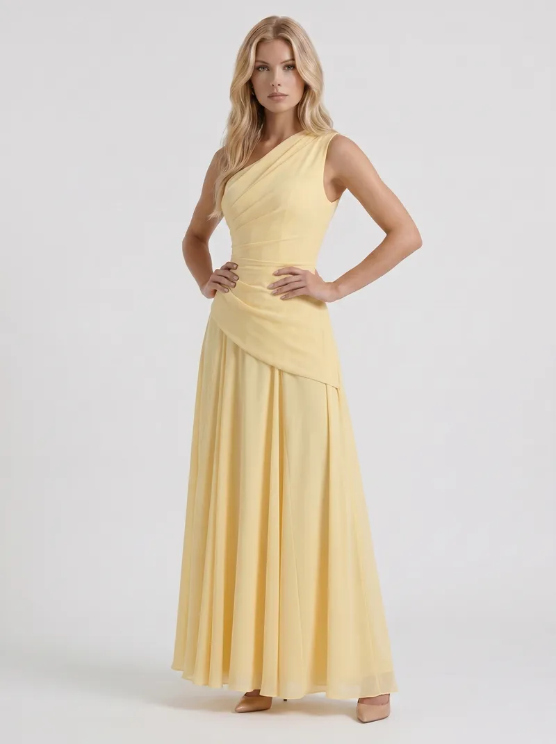 Delphine One Shoulder Ruched Mesh Maxi Dress - Lemon
