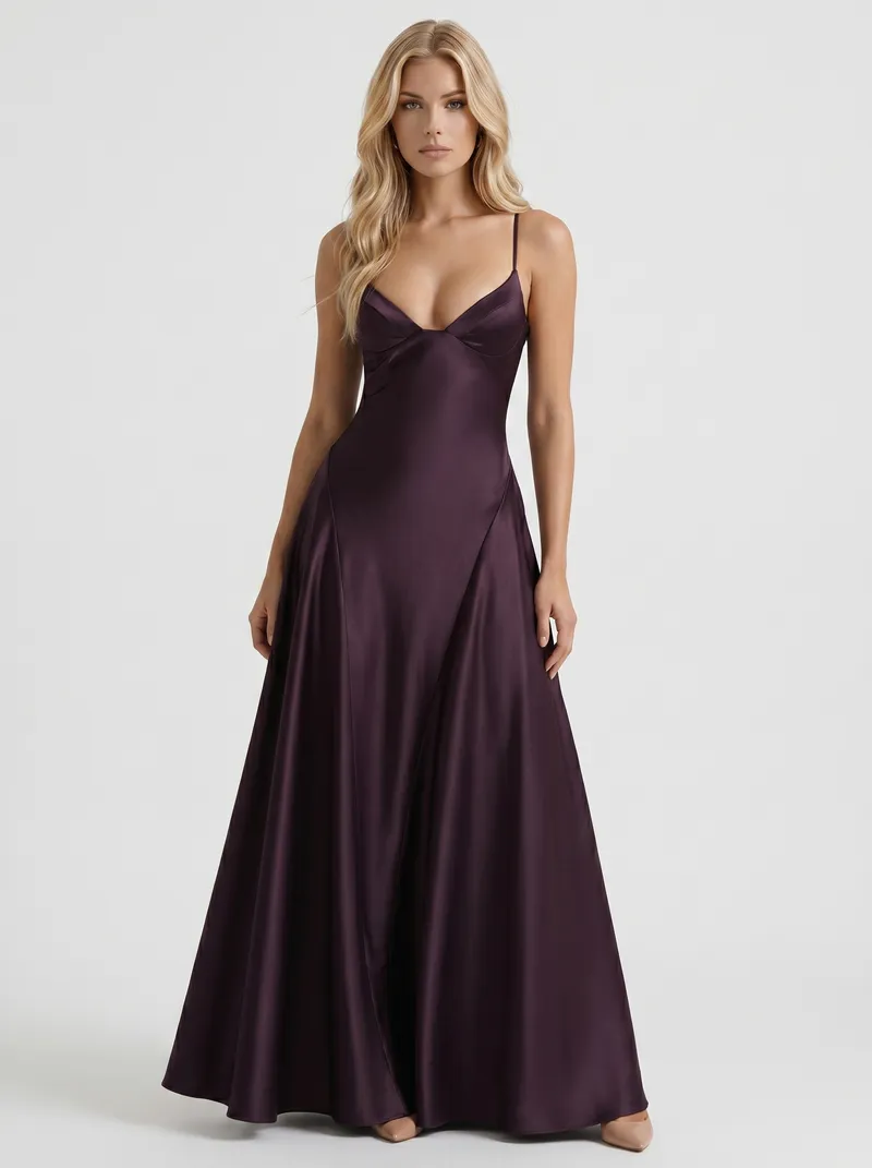Adelaide V Neck Satin A Line Maxi Dress - Plum