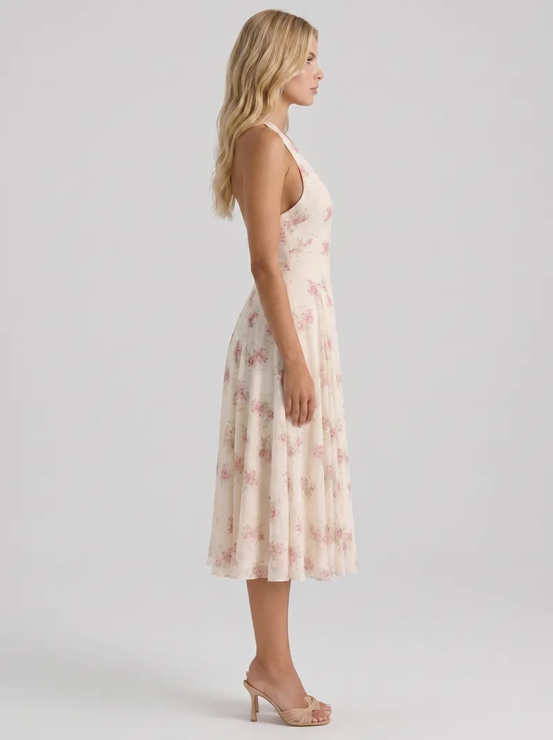 Camelia Halter Neck Georgette Midi Dress - Cream Floral