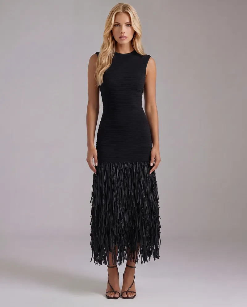 Stella Fringe Midi Dress - Black