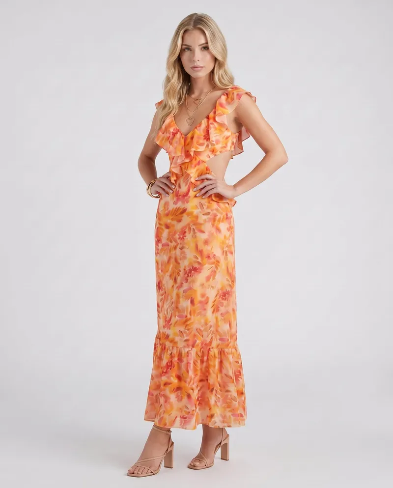 Marisol V Neck Ruffle Floral Maxi Dress - Orange