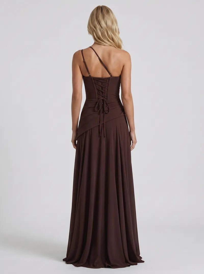Delphine One Shoulder Ruched Mesh Maxi Dress - Plum Brown