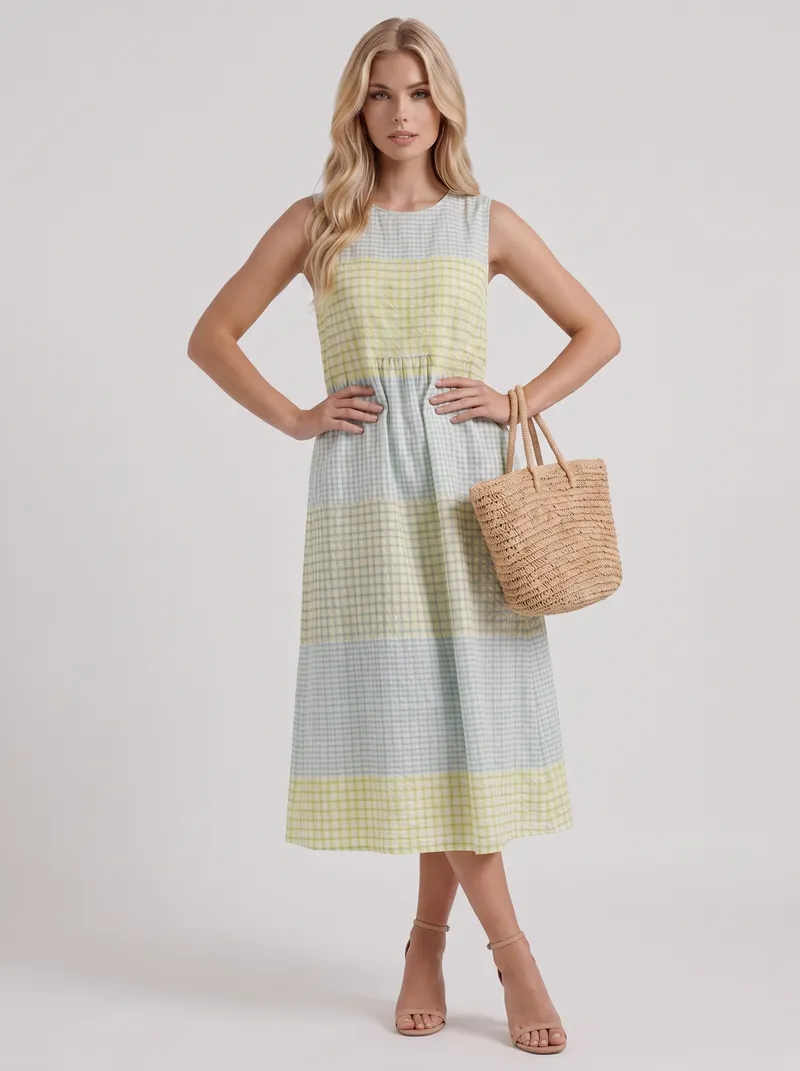 Elara Printed Midi Dress - Yellow Gingham