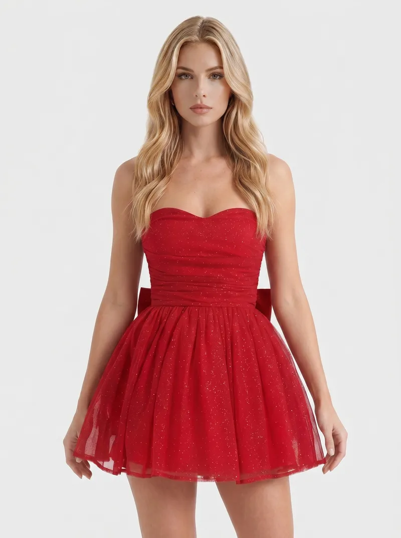 Katrina Strapless Sequin Sparkle Mini Dress - Red