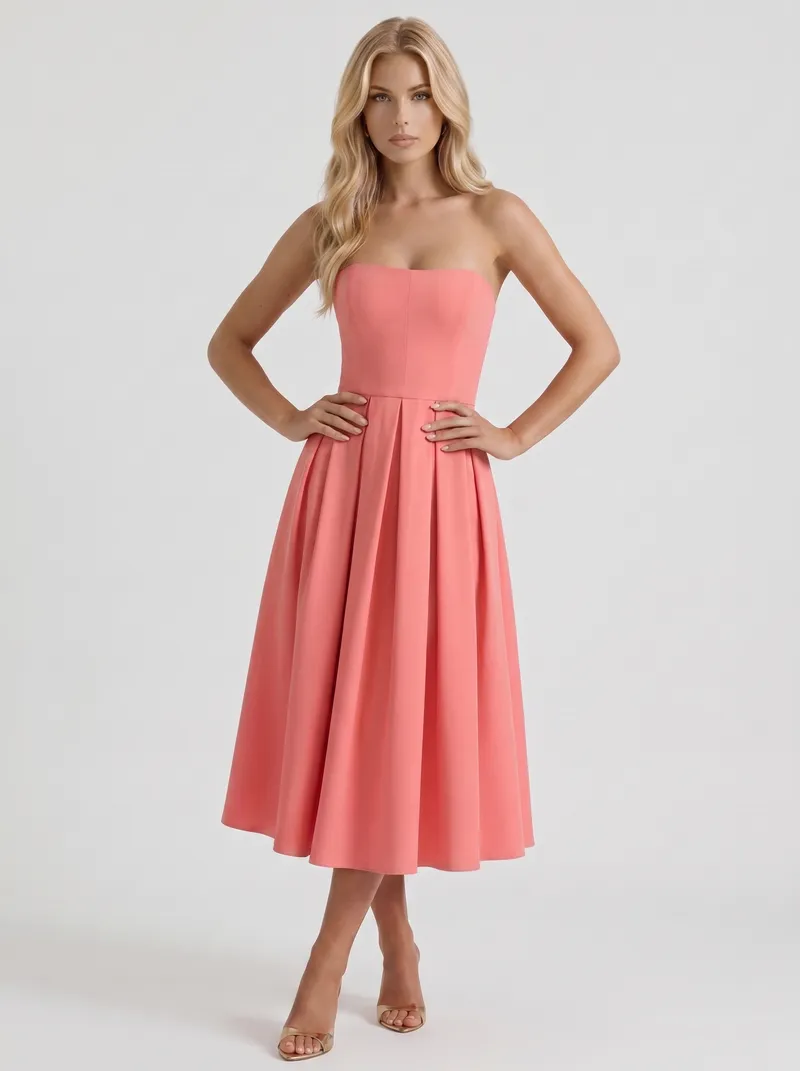 Audrey Strapless Pleated A Line Midi Dress - Coral Pink