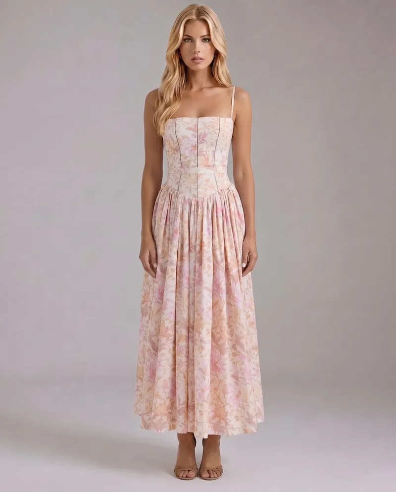 Cielle Floral Midi Dress - Peach Blossom