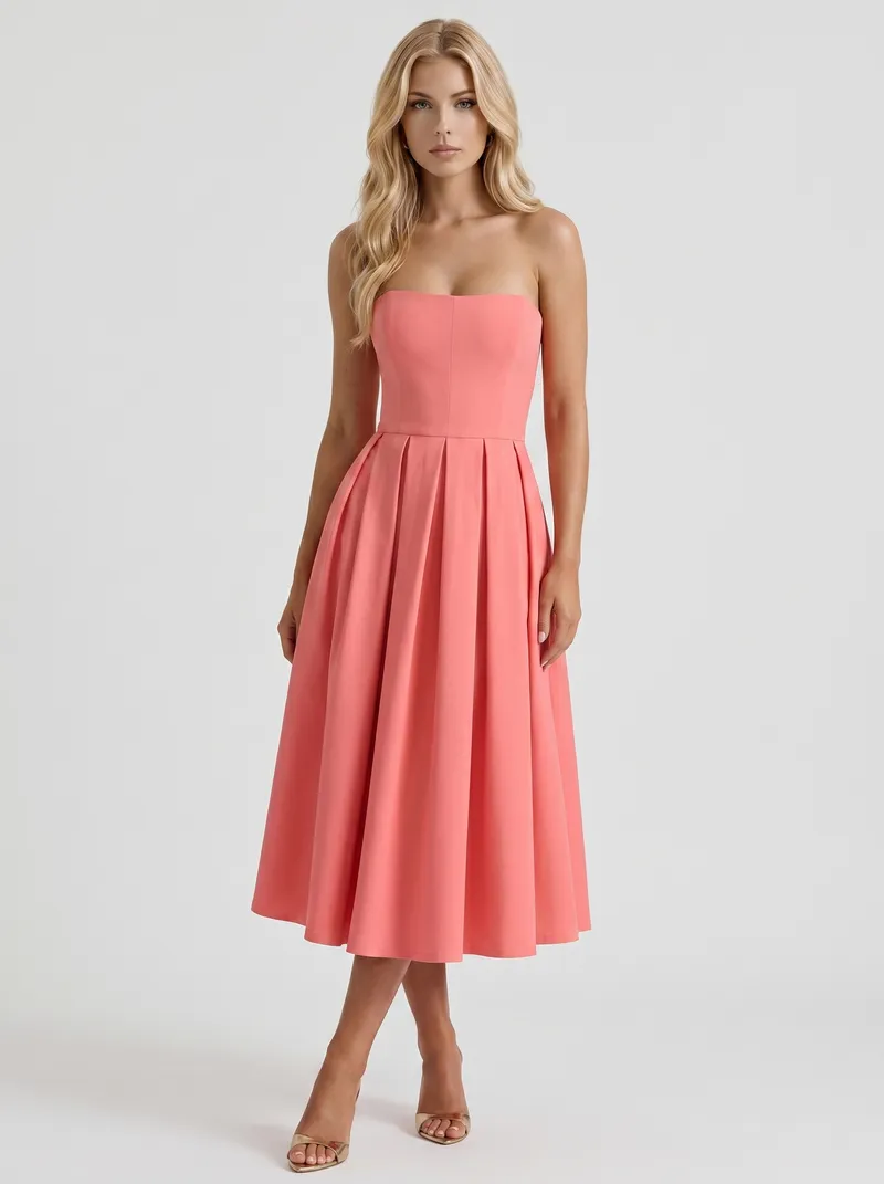 Audrey Strapless Pleated A Line Midi Dress - Coral Pink