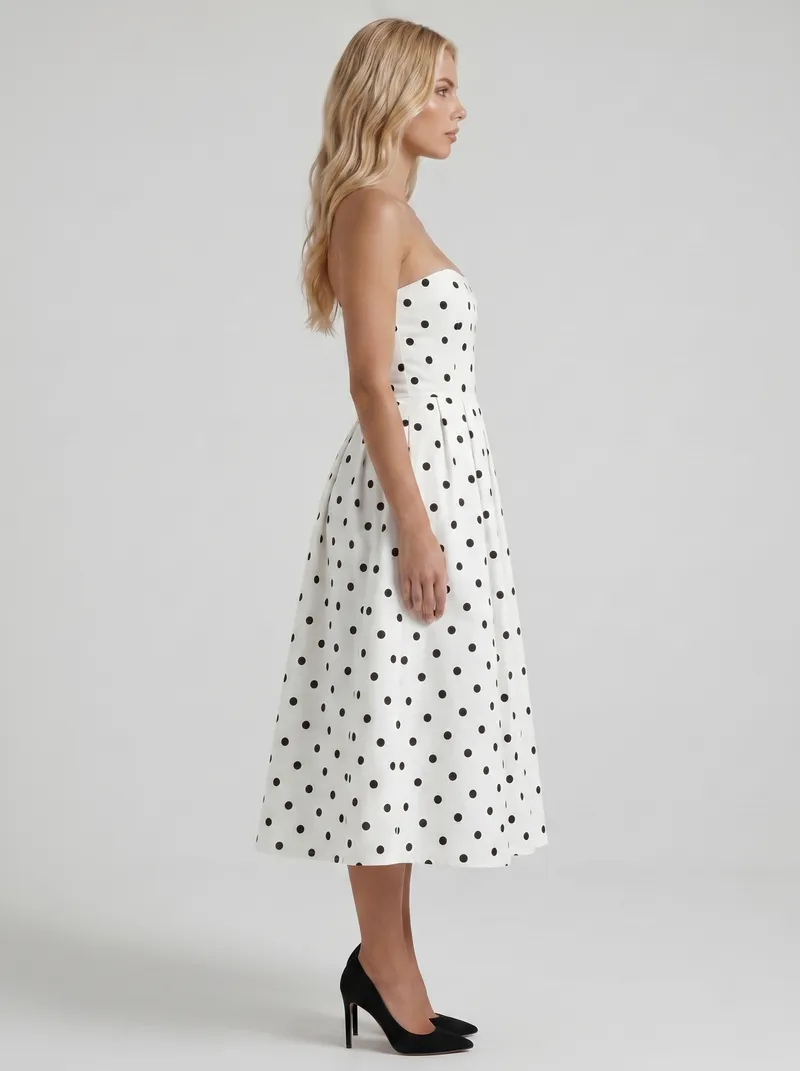 Audrey Strapless Pleated A Line Midi Dress - Black Polka Dot