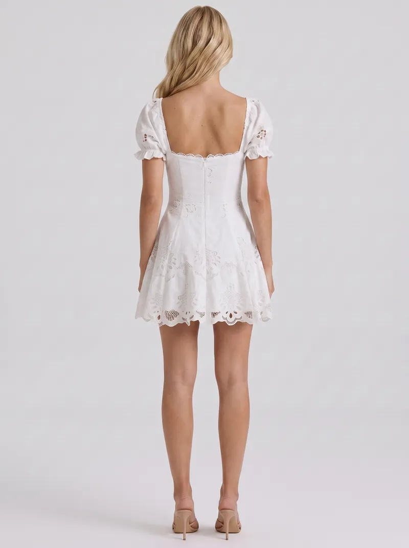 Bridget Broderie Anglaise Puff Sleeve Square Neck Mini Dress - White