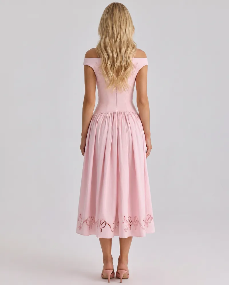 Delfina Boat Neck Eyelet Midi Dress - Pink