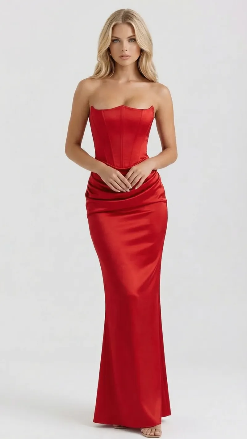 Scarlet Corset Strapless Maxi Dress - Red
