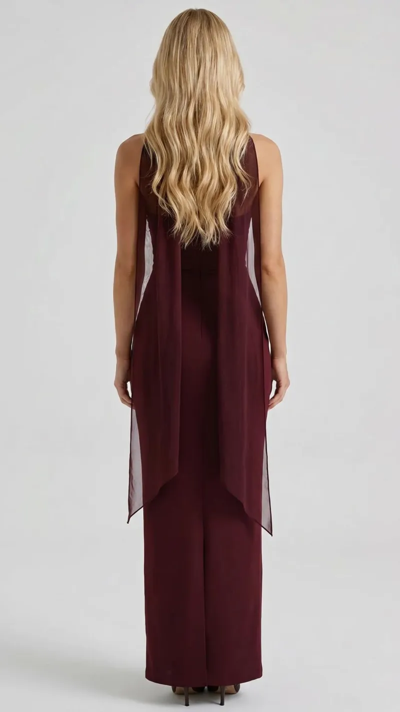 Francisca Bandage Mesh Sash Maxi Dress - Burgundy