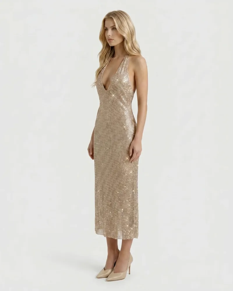Emily Sequin Midi Dress - Rose Gold