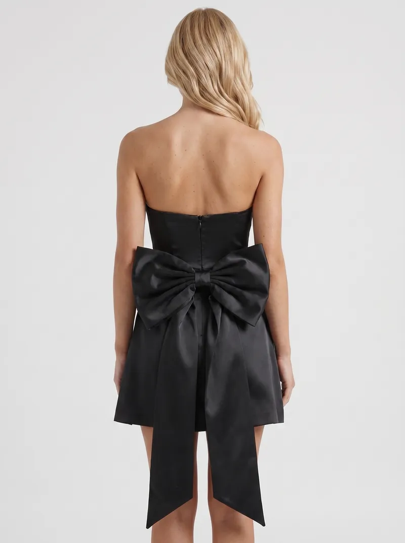 Celine Strapless Side Bow Satin Mini Dress - Black