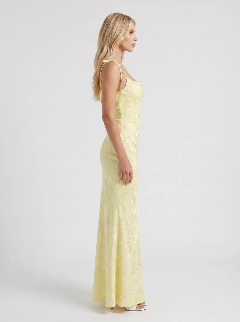 Aria Cowl Neck Textured Satin Bodycon Maxi Dress - Lemon