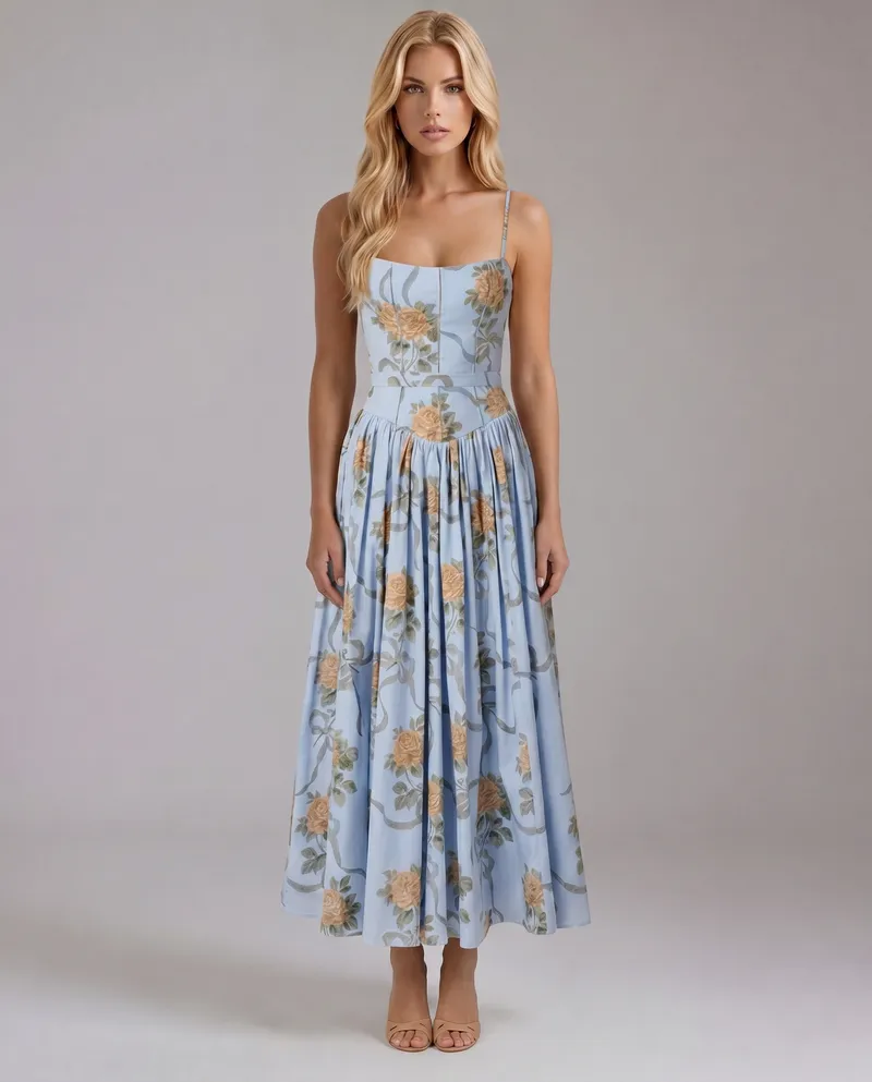 Cielle Floral Midi Dress - Vintage Blue