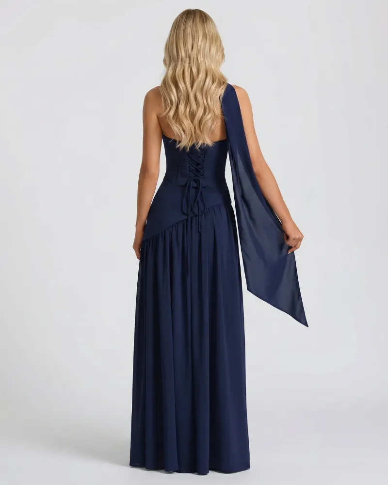 Genevieve Strapless Asymmetric Maxi Dress - Dark Blue