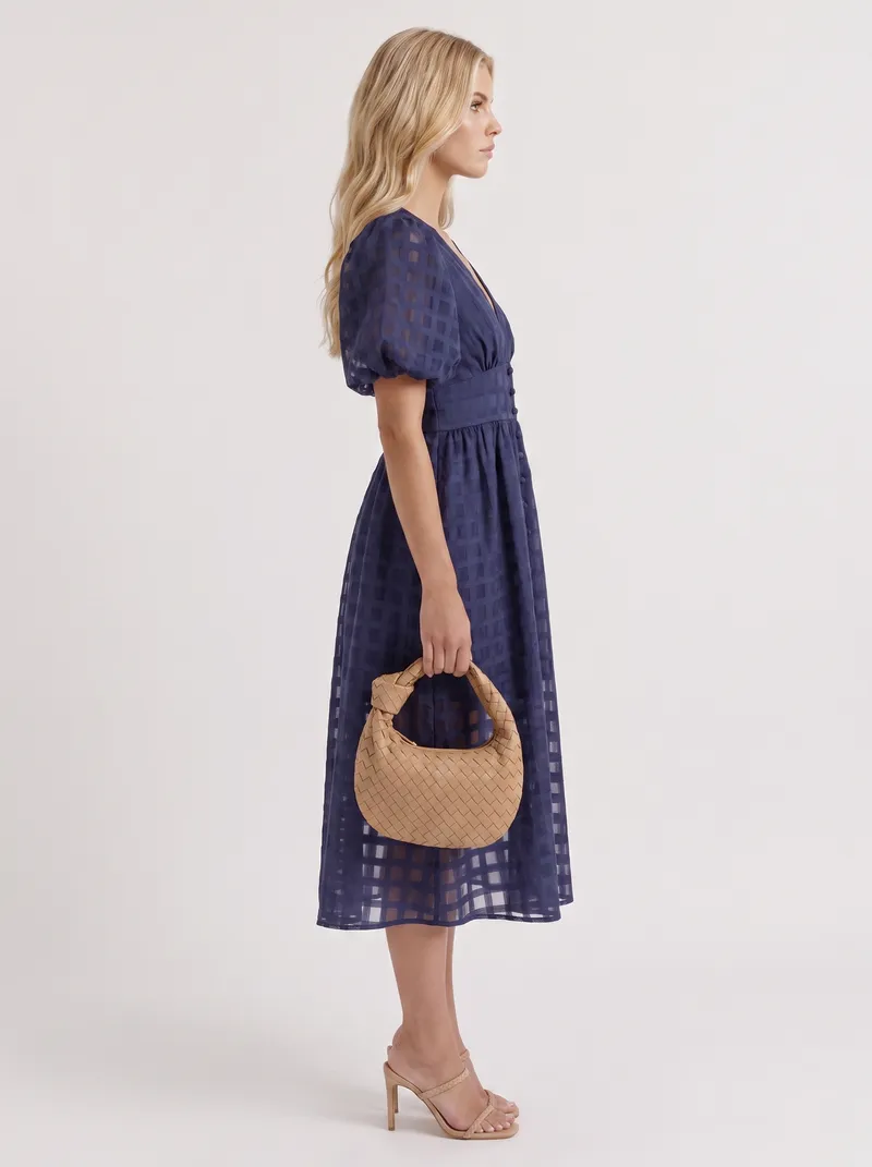 Colette Windowpane Midi Dress - Navy