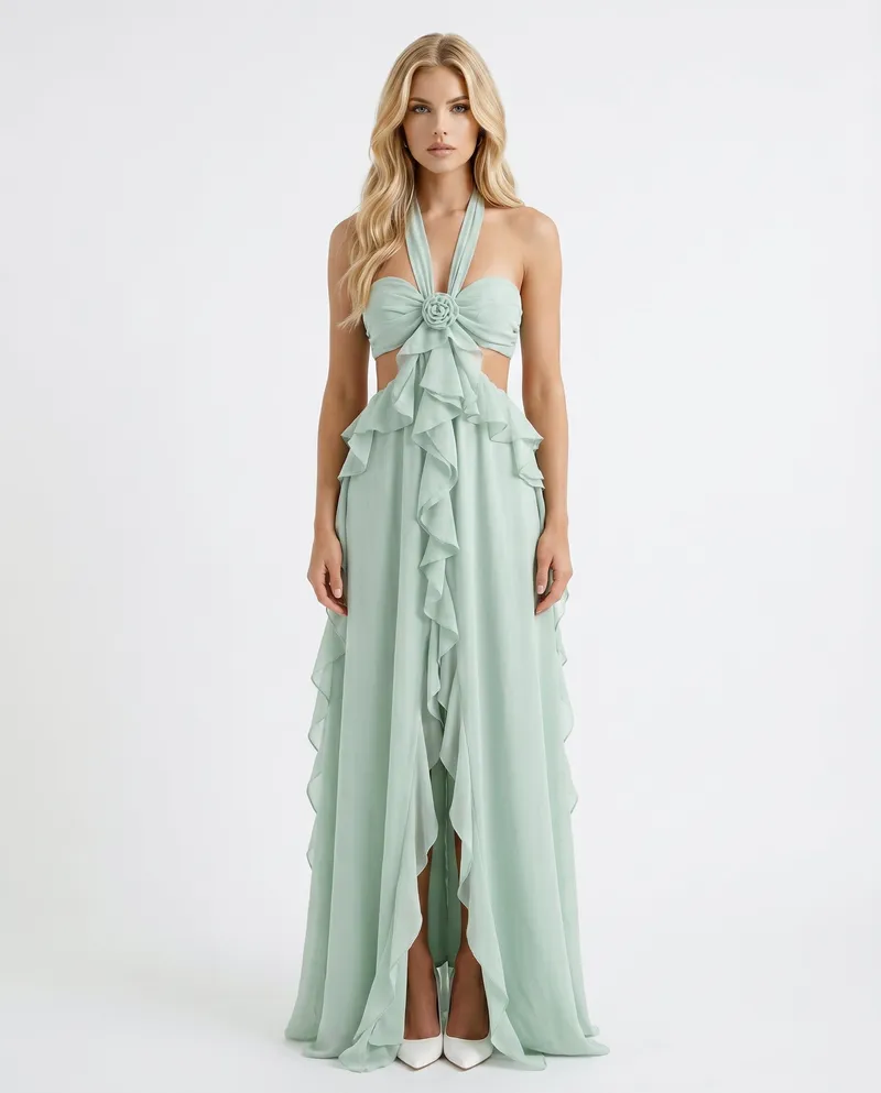 Roselyn Floral Ruffle Cutout Maxi Dress - Green